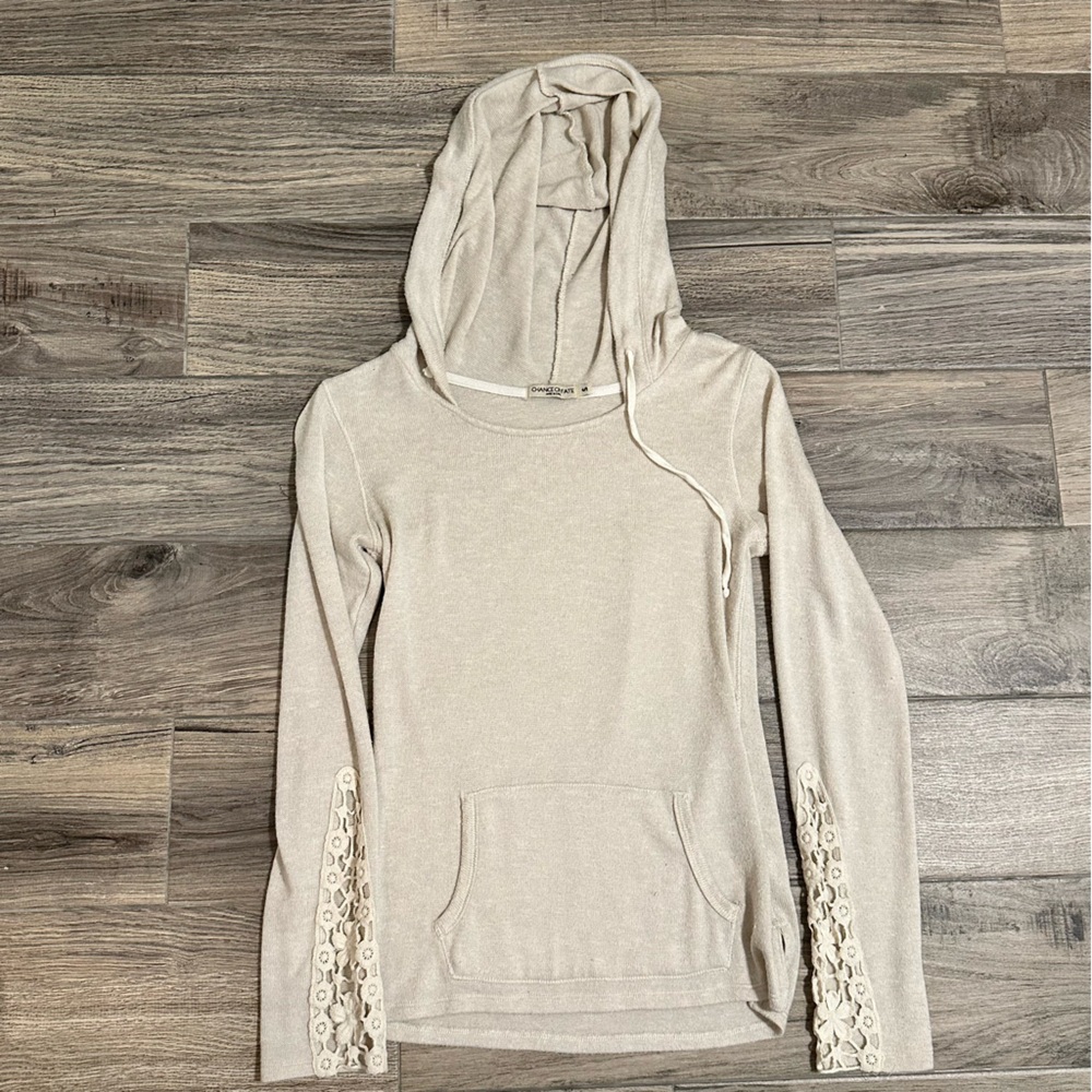 Chance or Fate Beige Hoodie with Lace Accents